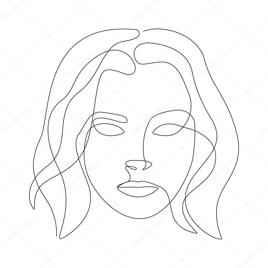 Woman face in one line. Black continuous line forming contour of face. Vector illustration.