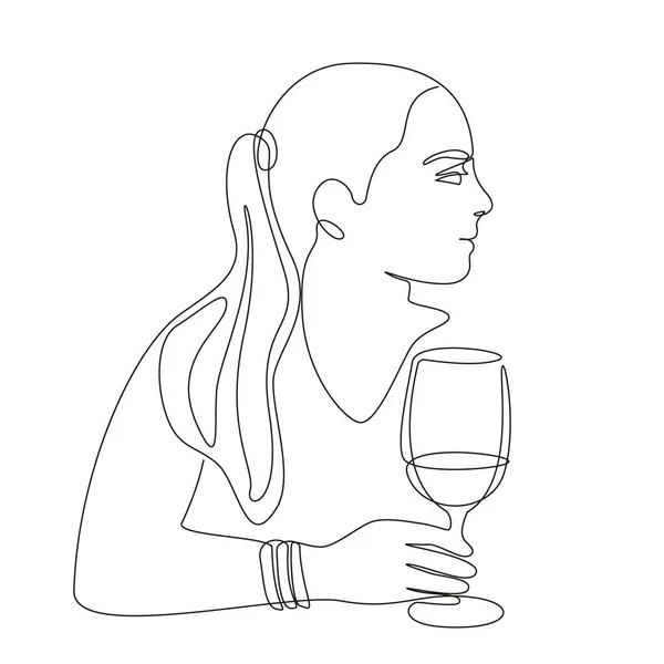 Mädchen Mit Einem Glas Wein Schaut Weg Schwarze Durchgehende Linie — Stockvektor