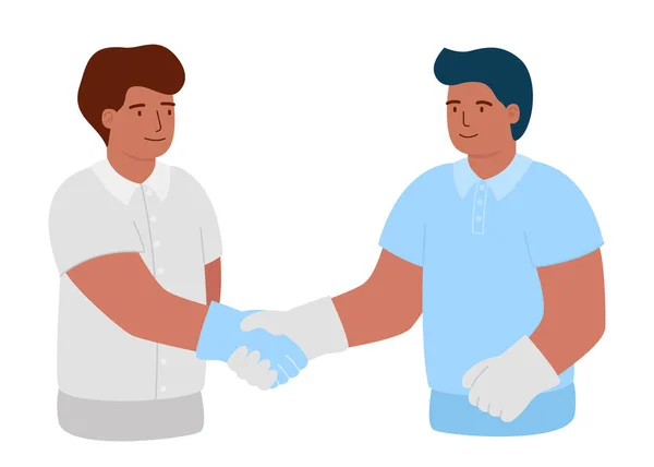 男人们戴着防护手套握手 同意和合同 人们在疾病 流行病的条件下工作 维护和维护健康 — 图库矢量图片