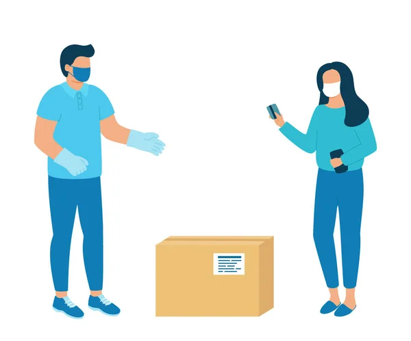 Malların alıcıya güvenli bir şekilde teslim edilmesi. Erkek kurye kadın müşteriye paket kutusu teslim etti. Coronavirus salgını konsepti. Vektör
