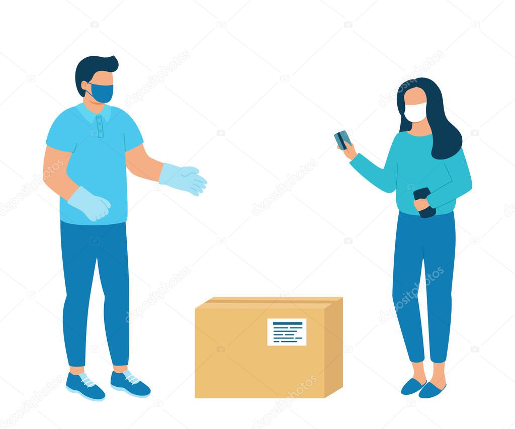 Safe contactless delivery of goods to buyer. Man courier delivered parcel box to woman customer . Coronavirus pandemic concept. Vector