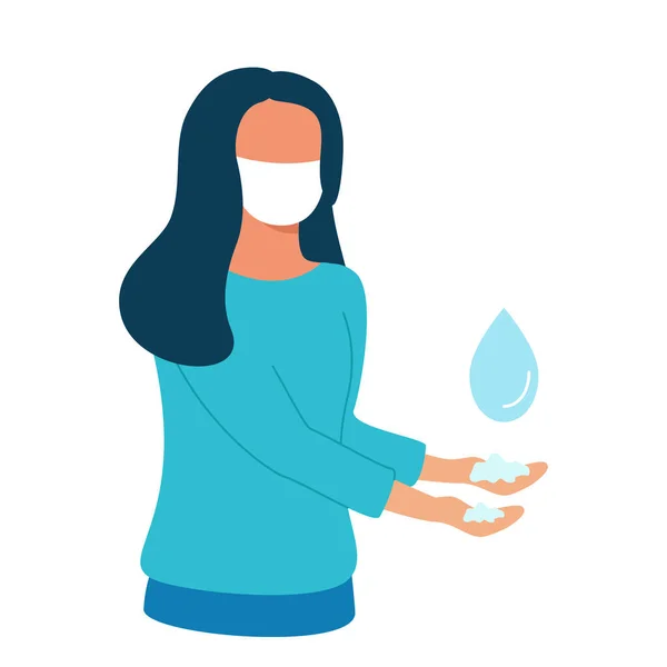 女人用肥皂洗手 流感大流行时的预防措施 考拉韦 女孩注意手部卫生 — 图库矢量图片