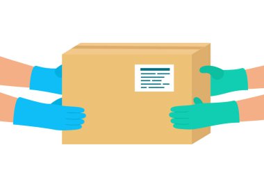 Malların alıcıya güvenli teslimatı. Kurye varış yerine paket getirdi. Lastik eldivenlerin içinde karton kutular tutan adam. Çevrimiçi alışveriş ve hızlı teslimat. Vektör illüstrasyonu