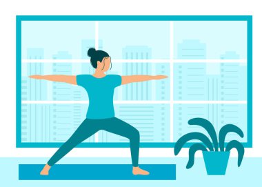 Odada yoga yapan genç bir kadın, şehir manzaralı pencerenin önünde dinlenme egzersizi yapıyor. Kız evde aerobik ve sabah meditasyonu yapıyor. Vektör illüstrasyonu