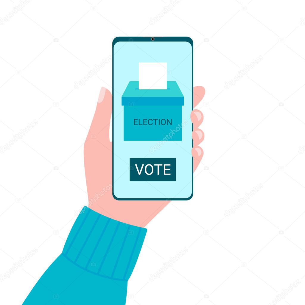 Online voting concept from smartphone screen. Voting box and voters choose. Put ballot paper in ballot box. Online electronic voting and election concept. Vector illustration