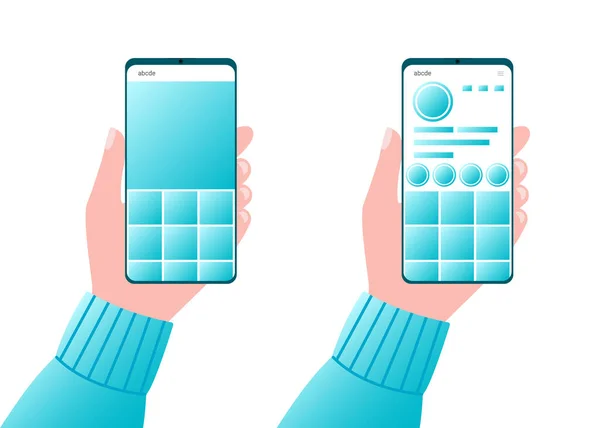 社会的なモバイルアプリケーションと手のスマートフォン。ストーリー画面、インターフェイス、写真、フレームデザイン、ソーシャルメディアネットワーク、投稿。ベクターモックアップテンプレートイラスト — ストックベクタ