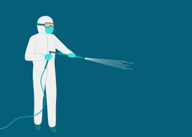 Beyaz tehlikeli madde giysisi giyen bir adam virüsü temizleyip dezenfekte ediyor. Coronavirus salgını dezenfeksiyonu. Sağlığını korumak için salgın sırasında virüsün yayılmasına karşı koruma. Vektör