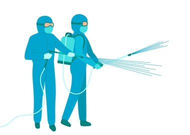 Mavi koruyucu giysili işçiler virüsü temizleyip dezenfekte ediyorlar. Coronavirus salgını sprey sprey dezenfeksiyonu. Sağlığını korumak için salgın sırasında virüsün yayılmasına karşı koruma. Vektör