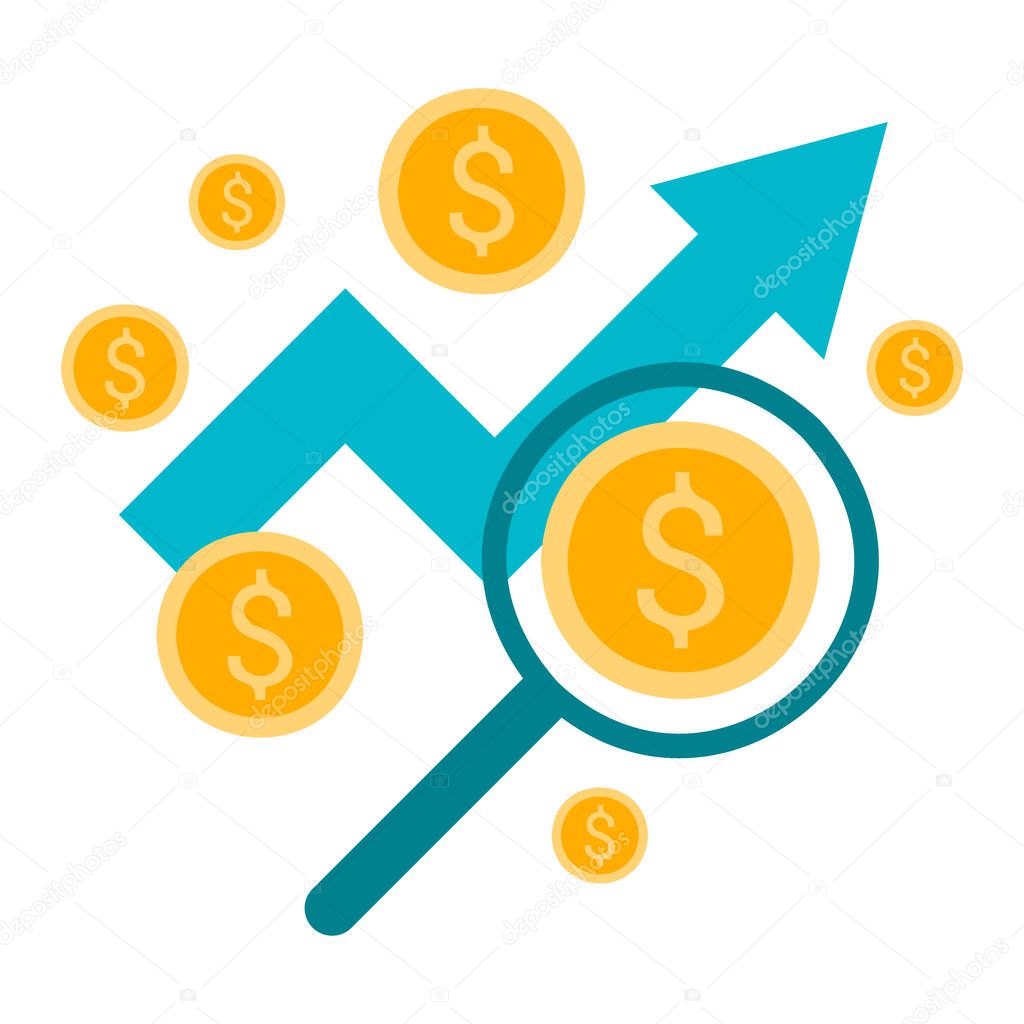 Currency growth, money increase graph. Trading chart, rise arrow with gold coins. Vector illustration