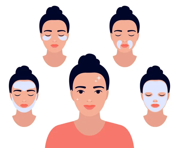 Farklı Yüz Işlemleri Olan Kadın Yüzü Yüz Maskeleri Ile Rahatla — Stok Vektör