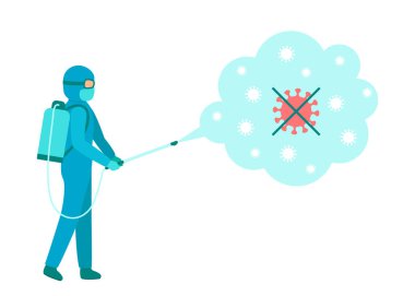 Worker men in blue hazmat suit cleaning and disinfecting virus. Coronavirus epidemic spray aerosol disinfection. Protection against spread of virus during pandemic to maintain health. Vector clipart