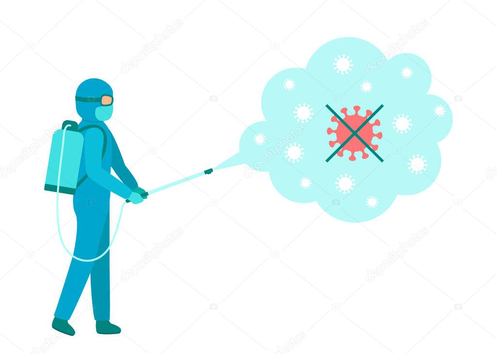 Worker men in blue hazmat suit cleaning and disinfecting virus. Coronavirus epidemic spray aerosol disinfection. Protection against spread of virus during pandemic to maintain health. Vector
