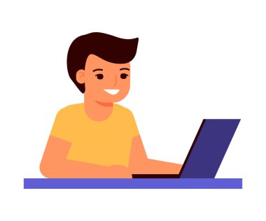 Öğrenci çocuk dizüstü bilgisayarda oturuyor ve ders çalışıyor. Ev okulu, internet e-öğrenimi, online eğitim, bilgi konsepti. Vektör düz resimleme
