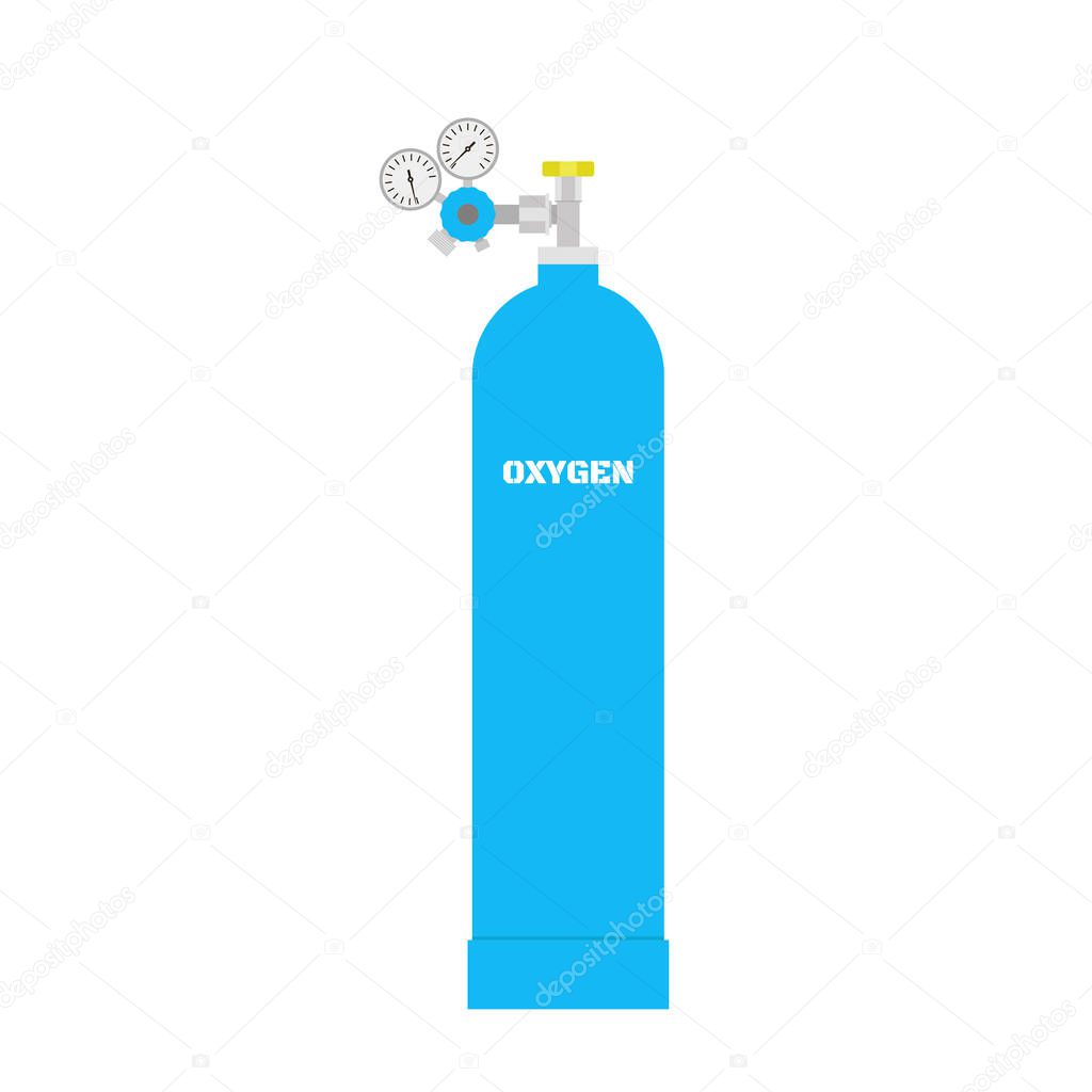Oxygen gas tank cylinder. Gas container, balloon with manometer. Oxygen gas canister storage. Vector illustration isolated on white background