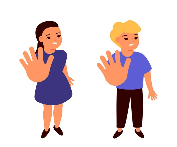 Muchacha Triste Asustada Niño Toma Mano Restringiendo Gesto Símbolo Parada — Vector de stock