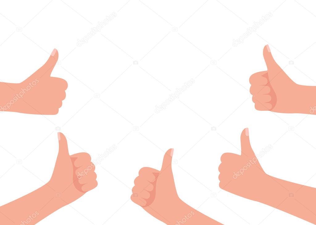 Hands showing symbol Like. Making thumb up gesture. Hand gesture man vote, feedback. Congratulations, cheering, thanksgiving, thank you, good, approve. Vector illustration