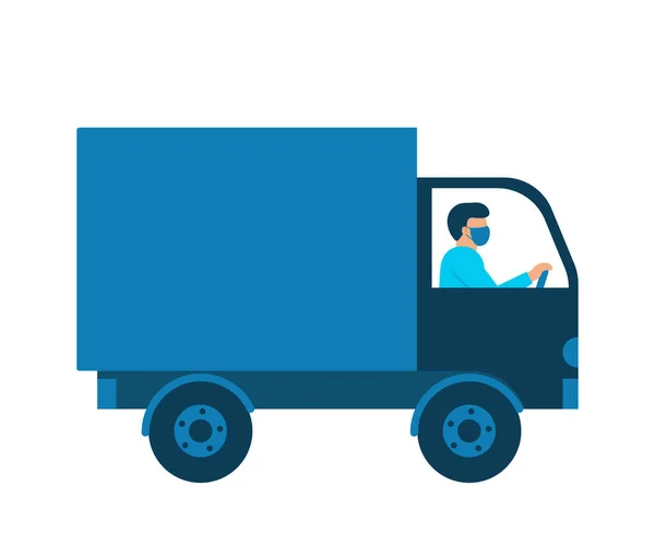 Auto koerier met doos goederen, bezorger met ademhalingsmasker. Online bezorgservice, levering thuis. Vectorillustratie — Stockvector