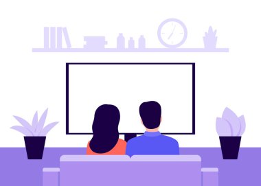 Aile genç çifti, evdeki kanepede oturup televizyon seyrediyorlar. Oturma odasının içi. Dinlenme, dinlenme, tecrit ve karantinada zaman geçirme. Vektör