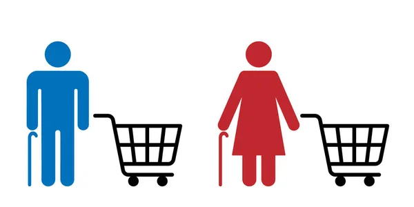 Senior man and woman are shopping in store, shopping cart line icon. Queue to store. Shopping time for elderly. Trolley shopping cart business concept. Vector illustration on white background. — Stock Vector