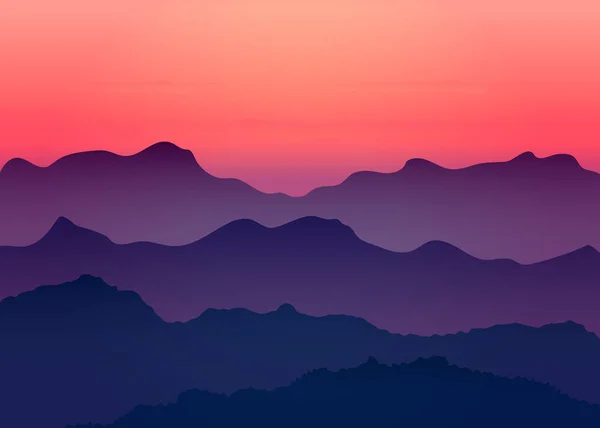 Beautiful Dark Gradient Purple Mountain Landscape Fog Forest Sunrise Sunset — Stock Vector
