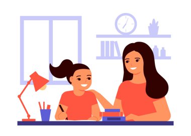 Kız öğrenci evde oturuyor ve öğretmeninin yardımıyla dersini alıyor, anne. Çocuk ev ödevi yapıyor. Annem işleri çözmeye yardım ediyor. Evde eğitim, online eğitim, bilgi konsepti. Vektör düzlüğü