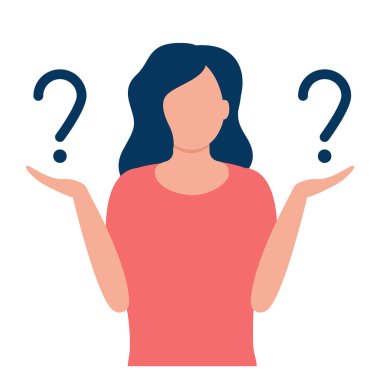 Soru işaretli genç bir kadın. Karşılaştırma, oran, seçim, kontrast, umutsuz. Kadınlar sorunu düşünür ya da çözer. Düşünceli kız sorular soruyor. Düşünen, sorunlu, endişeli, kafası karışık kadın.