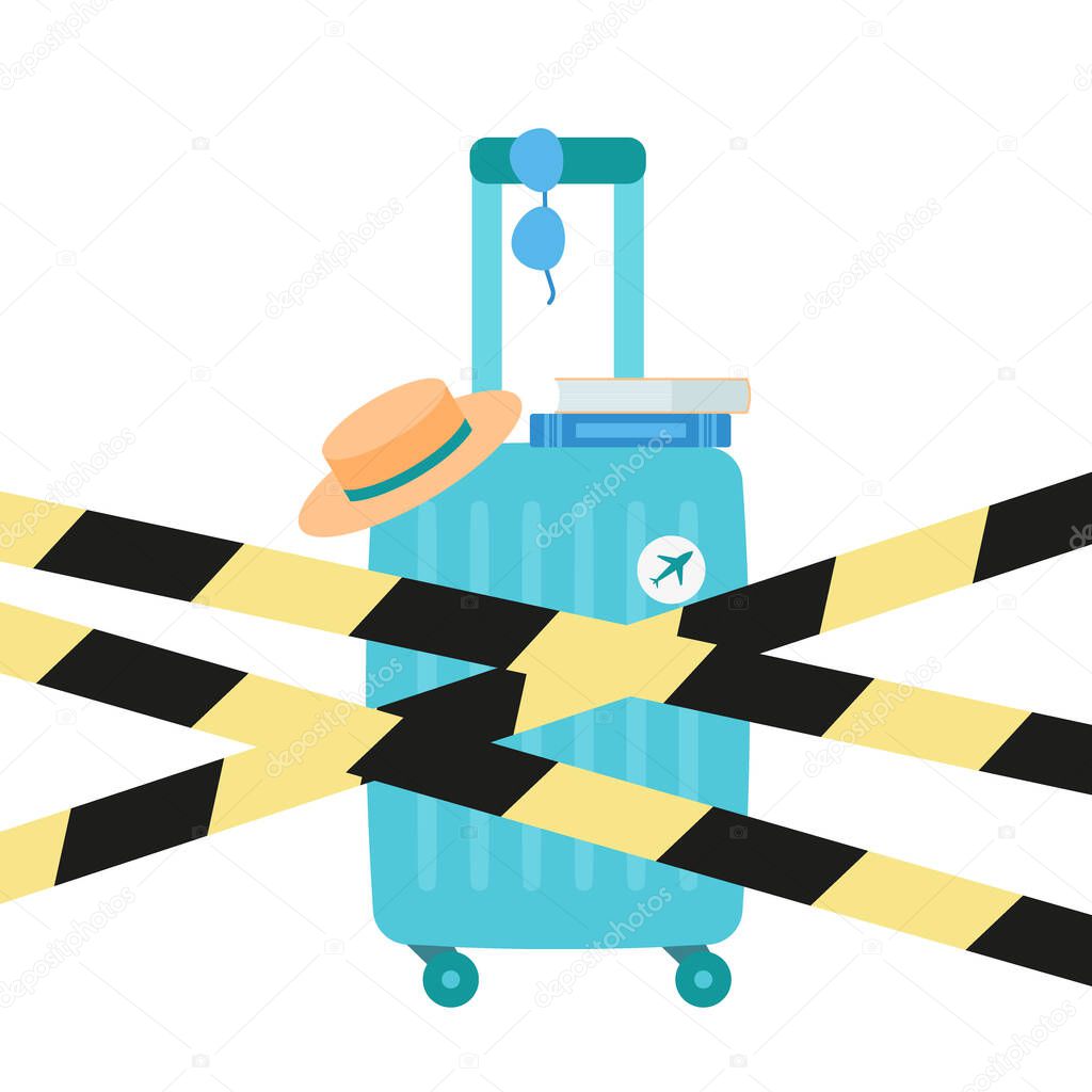 Travel ban. Restriction on movement. Suitcase for travel closed with warning tapes. Adventure with luggage. Plastic travel bag with various travel elements. Vector