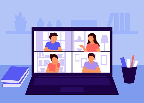 Konuşan ve görüşen soyut bir grup insan. Evden internetle çalışıyor. İş arkadaşları çevrimiçi video konferansı. Erkekler, kadınlar dizüstü bilgisayarda. İletişim, sohbet, arkadaşlarla buluşma. Vektör