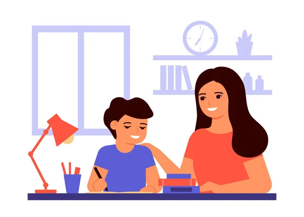 Boy student is sitting at home and is learning lesson with help of teacher, mom. Child is doing homework. Mom helps with solving tasks. Home school, online education, knowledge concept. Vector