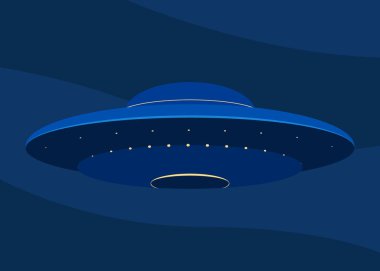 Koyu mavi gökyüzünde bir UFO. Tanımlanamayan uçan nesne, UFO uçuşu, uzay gemisi, uzay aracı. Vektör illüstrasyonu