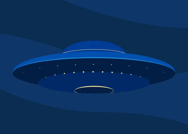 UFO am dunkelblauen Nachthimmel. Unbekanntes Flugobjekt, fliegendes UFO, Raumschiff, Raumschiff. Vektorillustration — Stockvektor