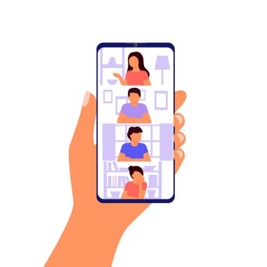 Konuşan ve görüşen soyut bir grup insan. El ele tutuşan akıllı telefon. Evden internetle çalışıyor. İş arkadaşları çevrimiçi video konferansı. İletişim aramaları, sohbet arkadaşları. Vektör