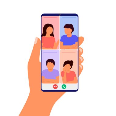 Konuşan ve görüşen soyut bir grup insan. El ele tutuşan akıllı telefon. Evden internetle çalışıyor. İş arkadaşları çevrimiçi video konferansı. İletişim aramaları, sohbet arkadaşları. Vektör