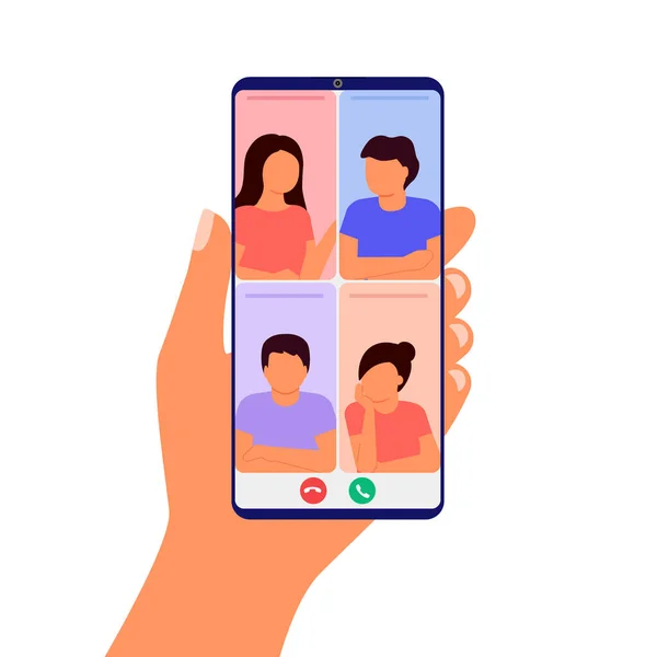 Abstrakte Gruppe von Menschen, die sich per Videoanruf unterhalten und treffen. Smartphone in der Hand. Arbeiten per Internet von zu Hause aus. Kollegen Video-Online-Konferenz. Kommunikation anrufen, Freunde chatten. Vektor — Stockvektor