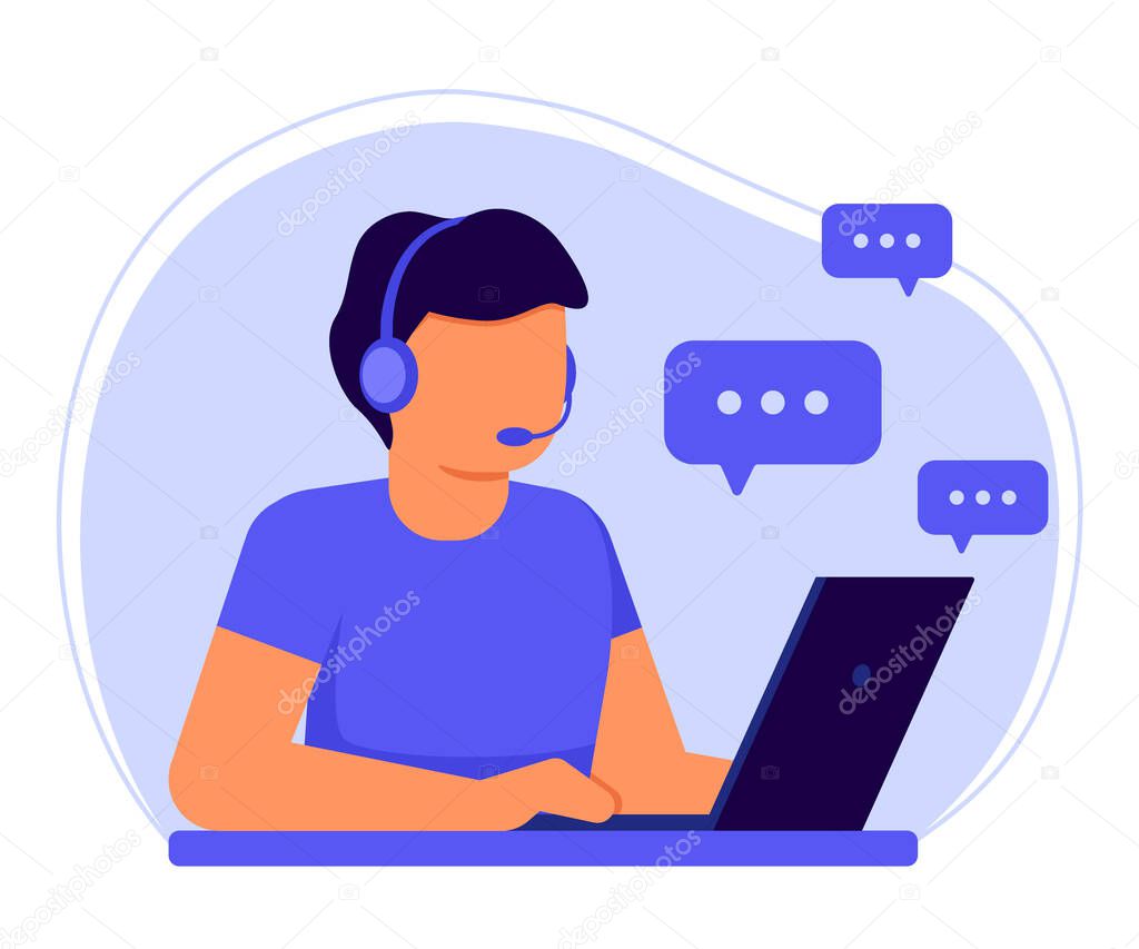 Customer service. Man operator call center with headphones and microphone with laptop. Support, assistance, call center, hot line, help, response, consultation. Answer to questions. Vector flat