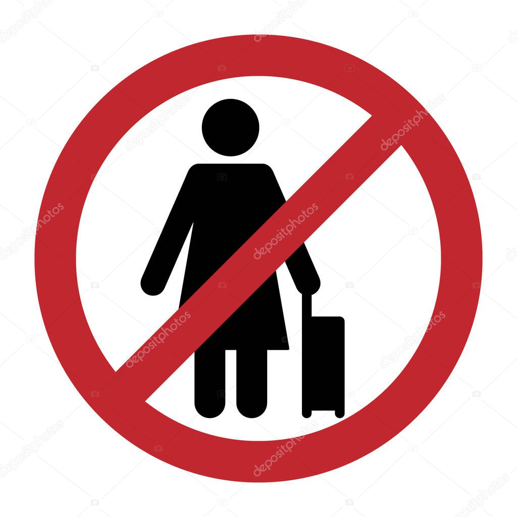 Travel ban icon. Woman with suitcase for travel closed sign. Restriction, prohibition on movement. Adventure with luggage. Vector illustration