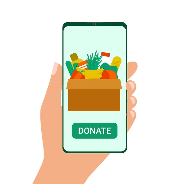 Food donation to people on smartphone. Box of food for needy. Humanitarian aid application. Concept of volunteering and charity. Vector illustration — Stock Vector