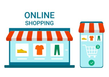 Perakende çevrimiçi. Akıllı telefon ve teslimatlı alışveriş malzemeleri için laptop uygulaması. Giysileri ve ayakkabıları olan alıcılar için alışveriş arabası. İnternet alımı. Bilgisayarda ve akıllı telefonda e-ticaret. Vektör