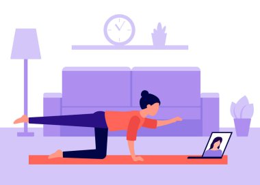 Kadın evde yoga yapıyor ve dizüstü bilgisayarda video izliyor. Spor video konferansı, iletişim. Evde boş vakit geçirmek, egzersiz yapmak, sağlık hizmetleri. Vektör illüstrasyonu