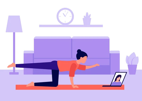 Vrouw beoefent thuis yoga en bekijkt video op laptop. Videoconferentie in sport, communicatie. Actieve vrije tijd thuis, oefeningen doen, gezondheidszorg. Vectorillustratie — Stockvector