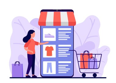 Perakende satış, internetten alışveriş. Alışveriş malzemeleri için akıllı telefon uygulaması. Kadın internetten mal alıyor, ürün seçiyor. Giysileri ve ayakkabıları olan alışveriş arabası. Akıllı telefondan e-ticaret. Vektör