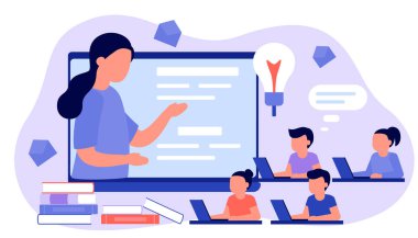 Mesafeyi öğren. Öğrenci çocuk ve kız dizüstü bilgisayarda oturup ders çalışıyorlar. Çocuk uzaktan öğreniyor. Ev okulu, internet e-öğrenimi, online eğitim, bilgi konsepti. Vektör düz biçimi