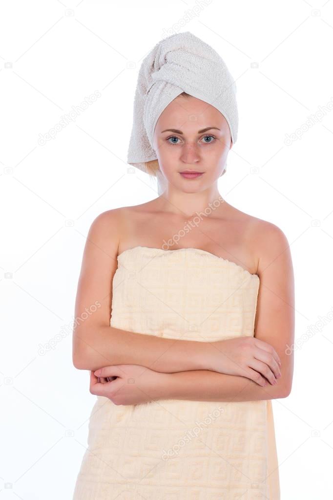 beautiful girl in towel on head