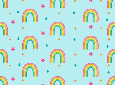 Gökkuşakları, yıldızlar ve yağmur damlaları olan arkaplan, vektör