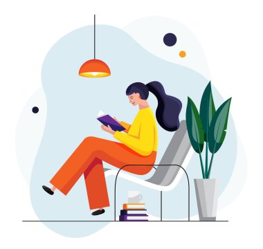 Sandalyedeki kız kitap okuyor, vektör.