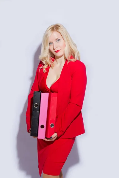 Portrait Beautiful Young Blonde Woman Red Business Suit Girl Holds — Stock Photo, Image