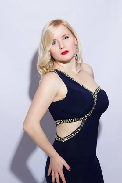 Studio Portrait Beautiful Young Blond Woman Blue Evening Dress Long — Stock Photo, Image