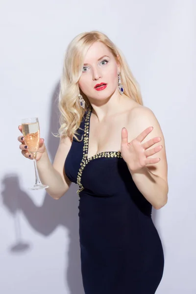 Studio Portrait Beautiful Young Blonde Woman Blue Long Evening Dress — Stock Photo, Image