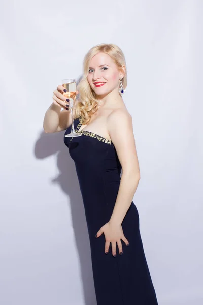 Studio Portrait Beautiful Young Blonde Woman Blue Long Evening Dress — Stock Photo, Image