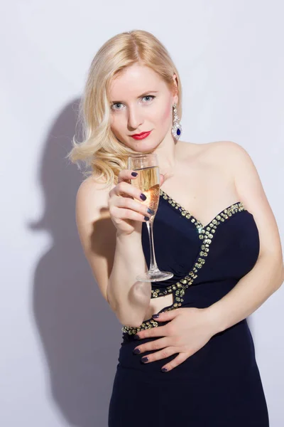 Studio Portrait Beautiful Young Blonde Woman Blue Long Evening Dress — Stock Photo, Image